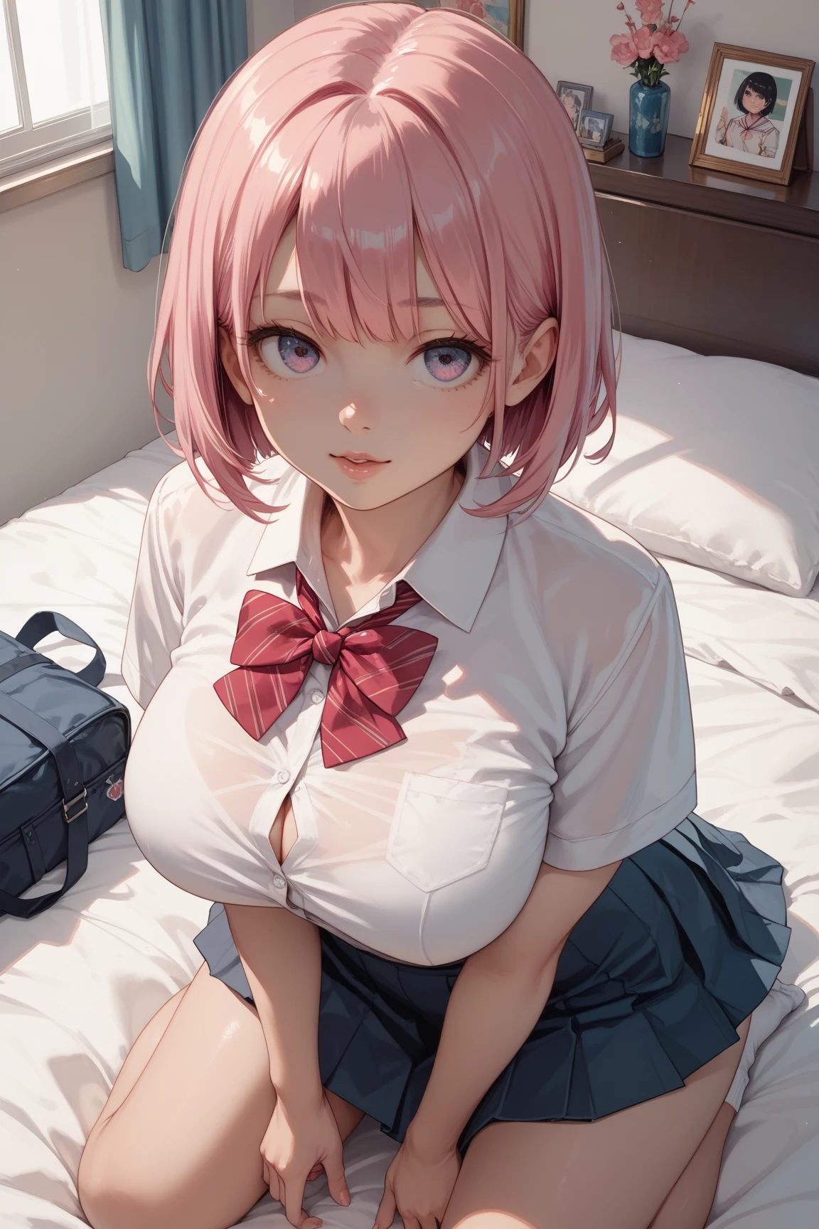 Mastepiece、masterpiece、highest quality、Super detailed、High resolution、8K Portrait、High definition CG of Unity 8k wallpaper、Cute little:1.5、Loli:1.5、Highly detailed CG Unity 8k wallpaper、Realistic、Real person、 Portrait Photography、Shiny skin、High definition、(16 years old:1.2)、(1 girl)、Beautiful clear eyes、extremely detailed description、Delicate face、Nice lips、Slim body、(thin waist)、Thin legs、(on bed),(bed room:1.6)、1 Girl, Cute, Perfect Face, seriously, (blush:1.5),(Pink short hair:1.3),(big breasts:1.3),(School uniform:1.3),((skirt lifted:1.5)),(looking at view),(from front),(disapproval face:1.3),nsfw,(panties shot:1.5)