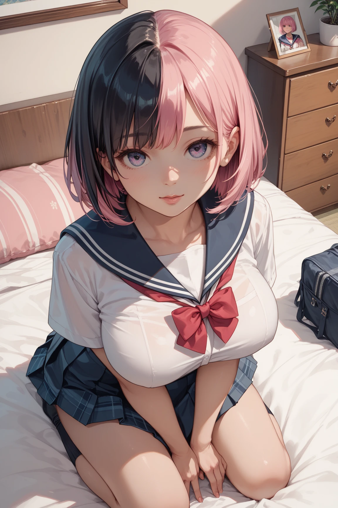 A woman with big ,Beauty,wife,role play,female pervert,(Super short serafuku),Showing belly,weak,Sexy,Color,lactation,Collar,Kneeling on the bed,arms behind back,spread legs,Wronged,Tears,Open mouth and breathe,heat,Sweat,