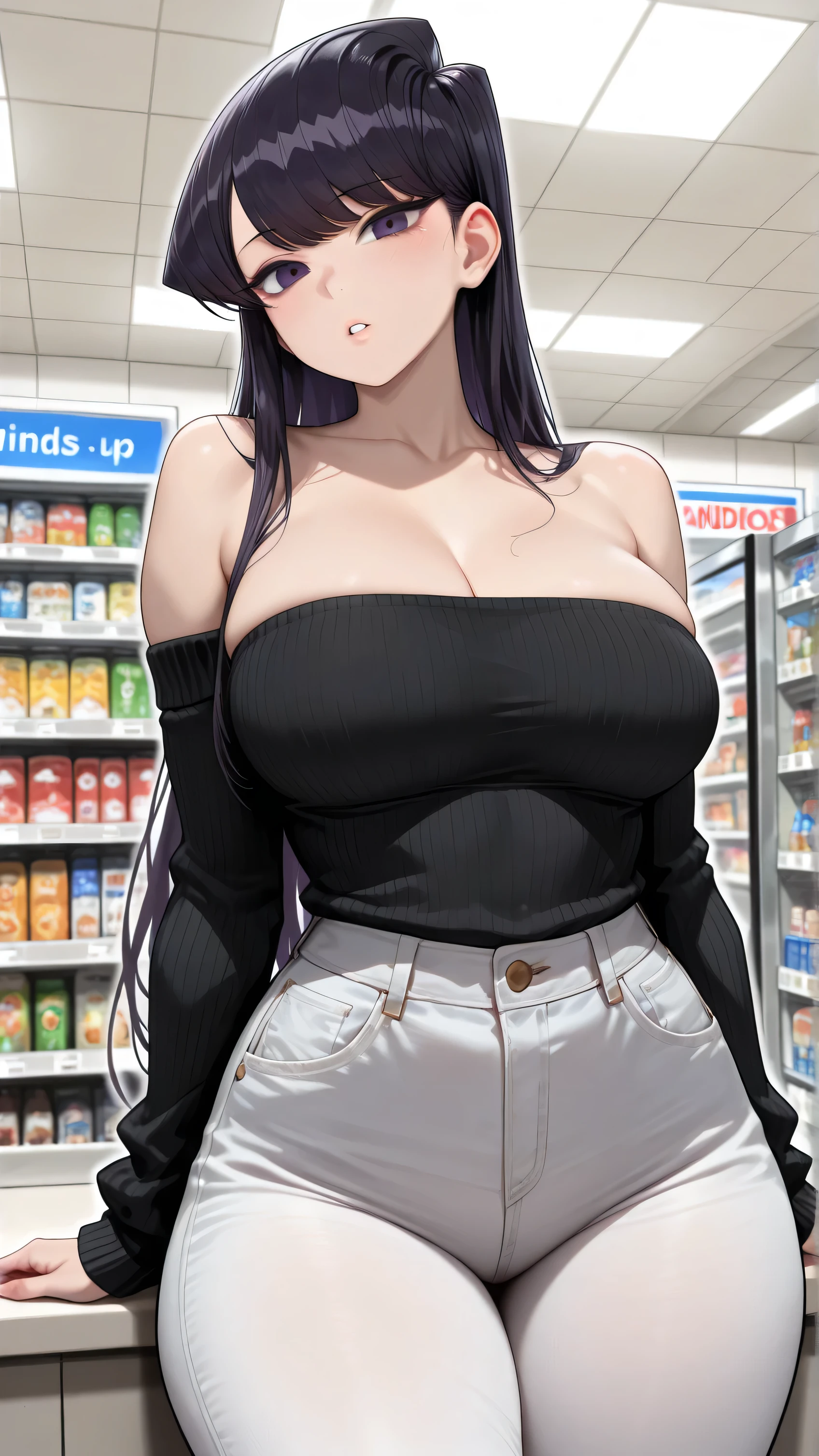 (Uhd, Masterpiece, Textured Skin, Super Detail, High Details, High Quality, Best Quality), 1woman, mature pretty woman, ((Thicc body, wide hips, thick thighs)), red eyes, blue straight hair, tall, (Casual Black top), (black Jeans), ((Mall)), (trying to hold you hand)