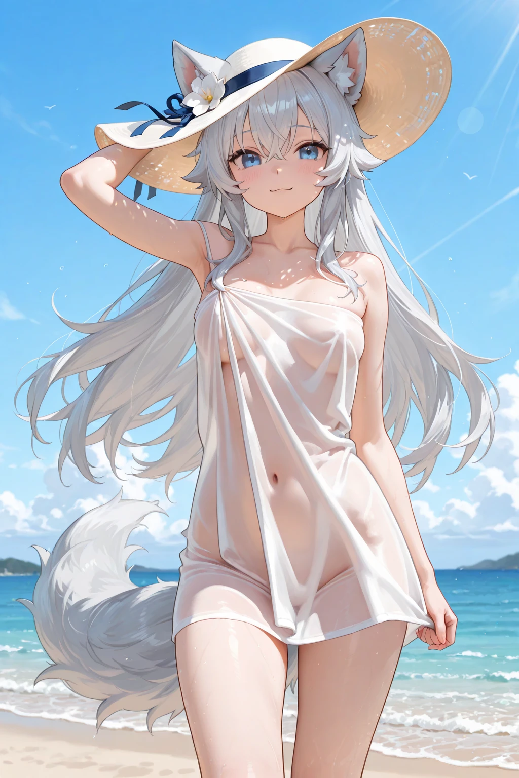 cute, young, loli, small breasts, catgirl, nude, happy, on beach, fluffy white tail, long hair, proud, white hair, confident pose, long tail, showing off