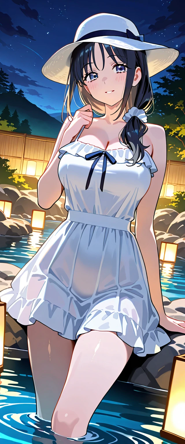 {Highest quality}, {so beautiful}, {Very detailed}, {Best illustrations}, Browsing Caution, Realistic, masterpiece, Highest quality, (Beautiful Eyes), 1 high school girl, Huge breasts, Sweat, night, Outdoor, Vibrant restaurant, Blue micro bikini, ひものみのBlue micro bikini, Grin, Wet Face, Wet body, ponytail, Earrings, White apron, Puff short sleeves, Small tray, Central opening, 、Camel Toe, great tit, Nipple puffs, Cleavage, Plump, overtake, overtakeデカ尻
