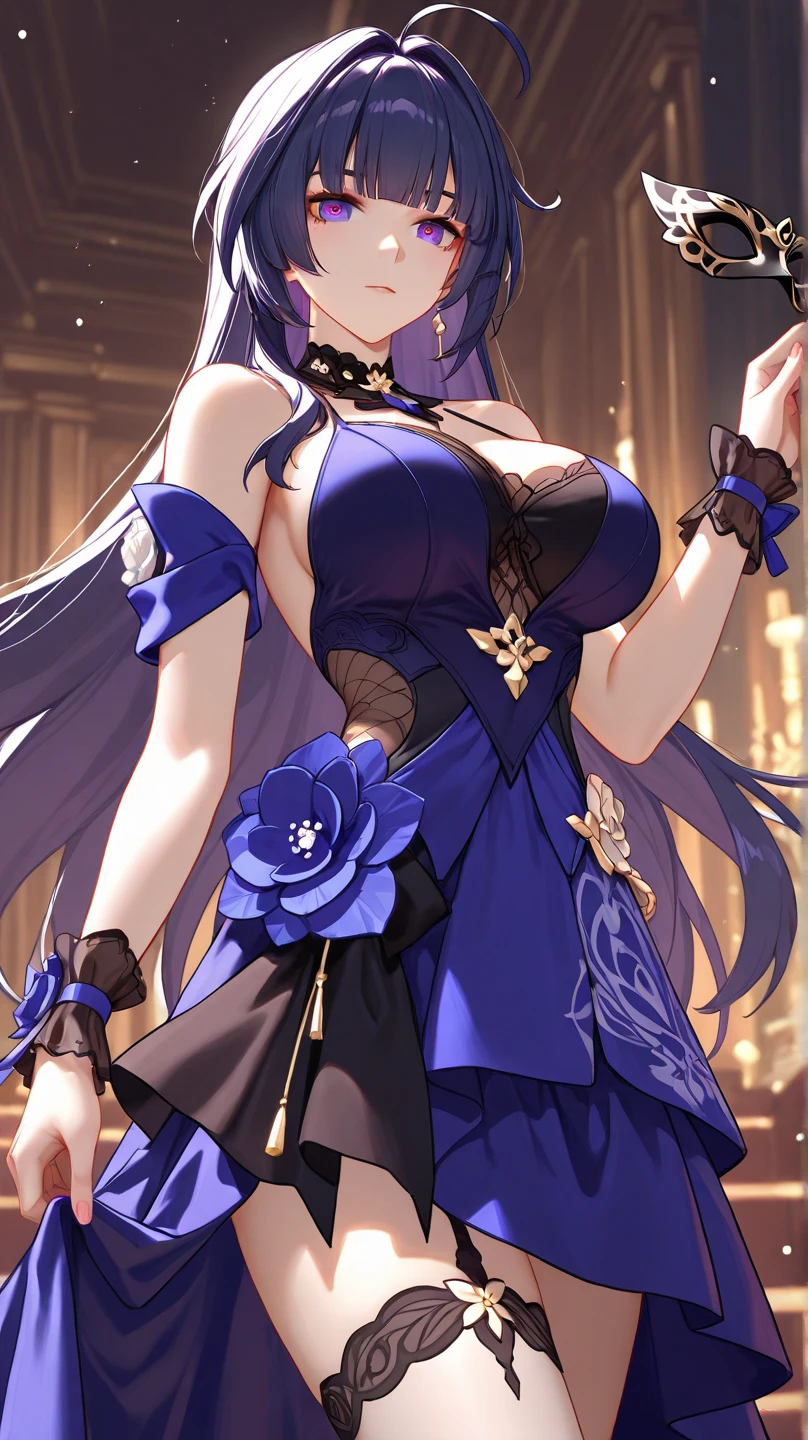 (Realistic painting style:1.0), masterpiece, best quality, absurdres, looking at viewer, solo, keqing (piercing thunderbolt) (genshin impact), keqing (genshin impact), pantyhose, hair bun, purple hair, gloves, twintails, long hair, purple eyes, diamond-shaped pupils, bare shoulders, hair ornament, black pantyhose, cone hair bun, detached sleeves,dress, jewelry, large breasts, earrings, bangs, frills, purple dress, black gloves, braid, skirt,