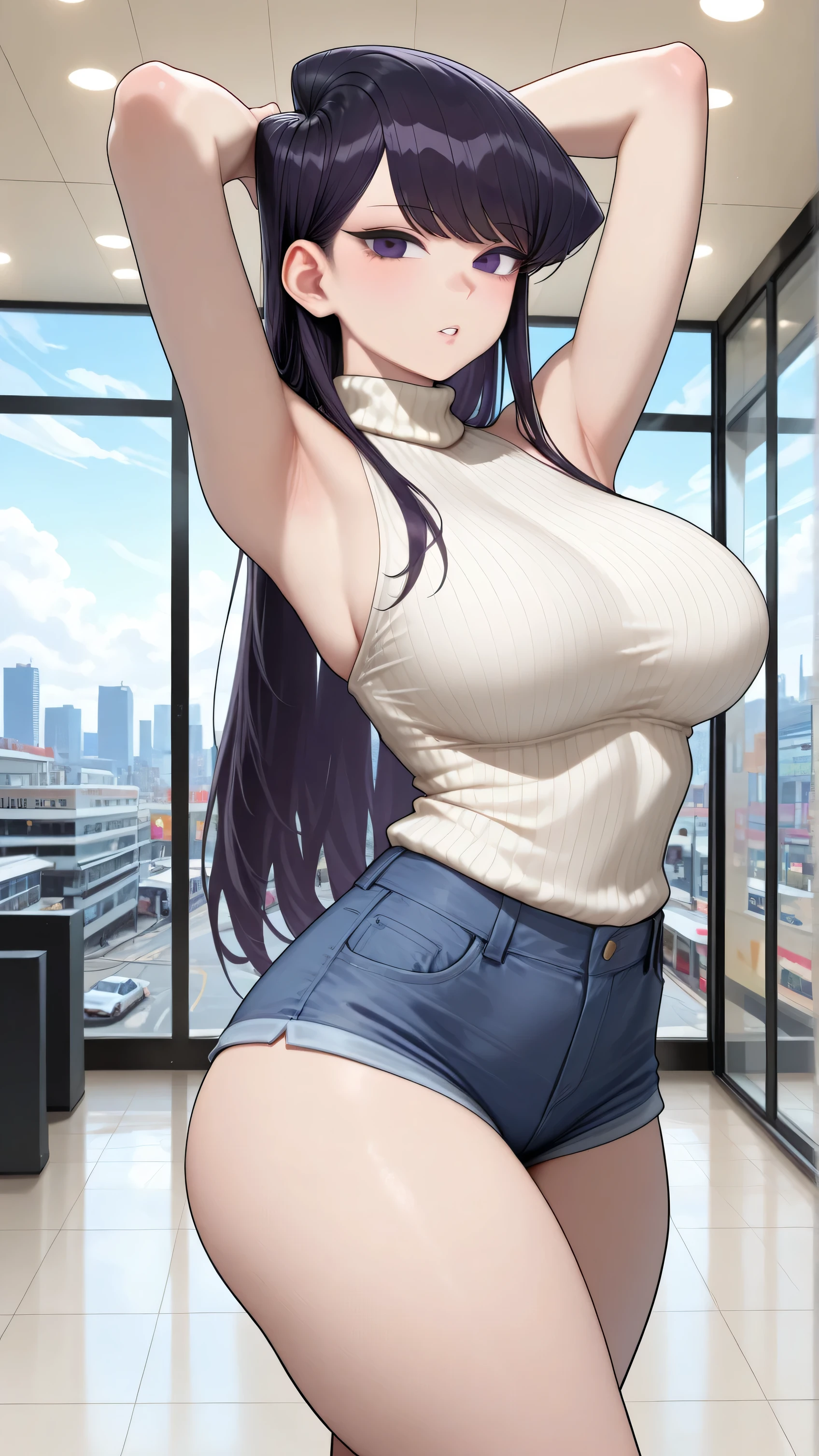 (1girl), Sexy ((mommydom)) wearing a ((diaper)), ((diapered)), ((ABDL)), (tattoos), ((domimatrix)), (latex), (busty), large breasts, wide hips, beautiful face, (make-up), (playful), colorful, sunlight, sunroom, plants, modern, tall windows, penthouse, apartment, ornate, skyline, (smirking) (masterpiece)