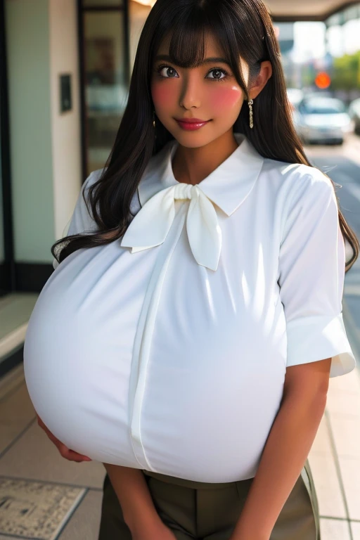 realistic depiction、super obeseのjapanese woman、super obese、super big breasts、Weight 300kg、very fat woman、Fat woman wearing a white collared shirt、black bra、japanese woman、laughter、Tight Skirt、outdoor、a bit、little woman、His height is only 145cm、short legs