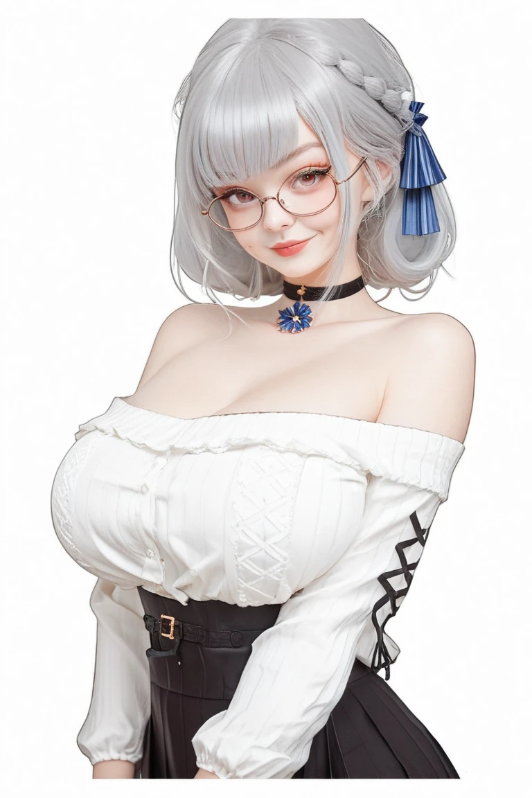 Figure of a mature witch, white short hair, big breast, sweaty cleavage, smile, china dress, glasses