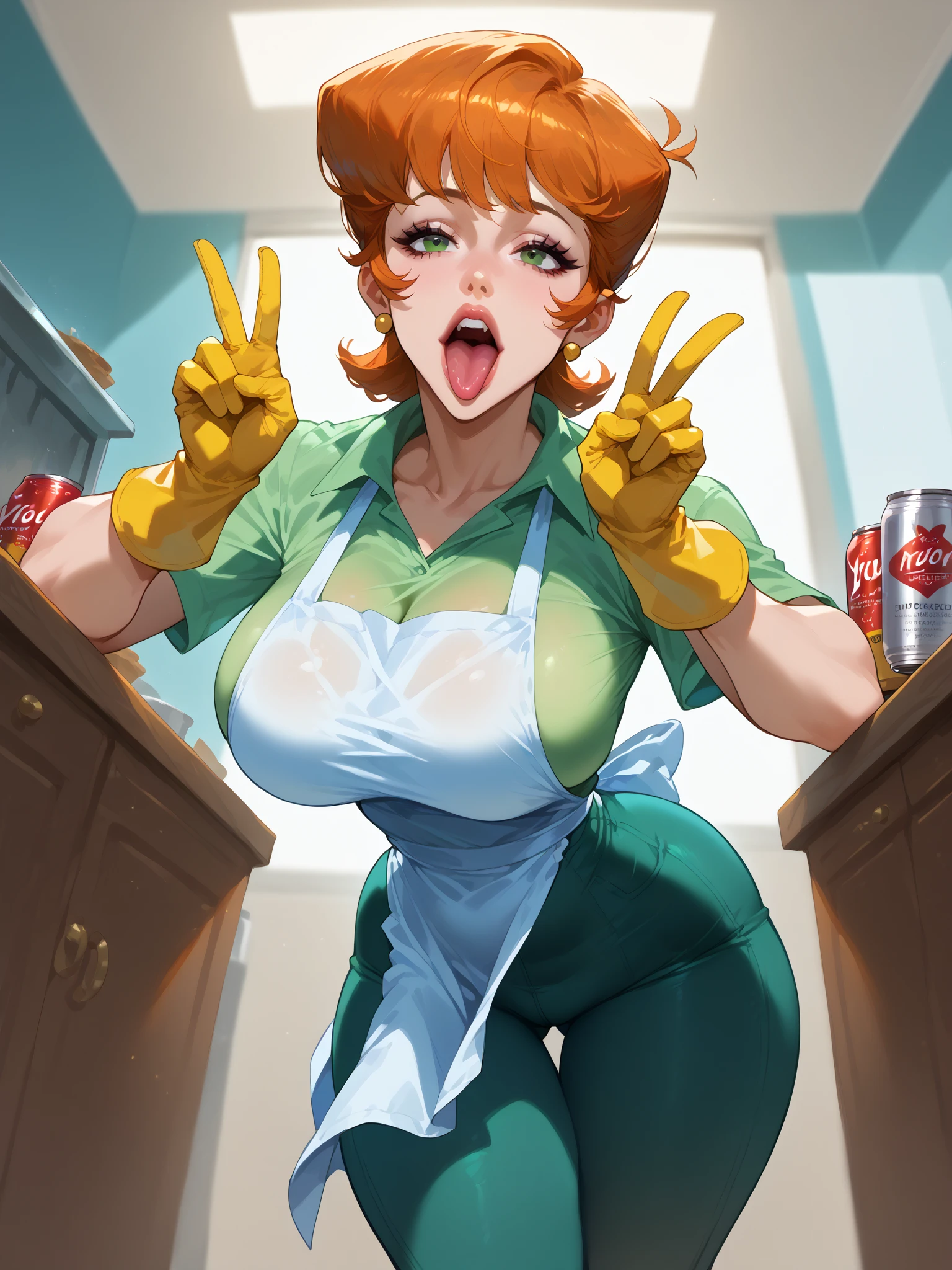 short hair, Red hair, green blouse, green yoga pants, open blouse, big breasts, in a kitchen, yellow latex gloves, splashed with semen on her breasts, Beautiful face, open the mouth, has semen inside his mouth, annoyed, White apron, flushed, white skin, kneeling on the kitchen floor, sad look, crying, open blouse, bare chest, Top down perspective.