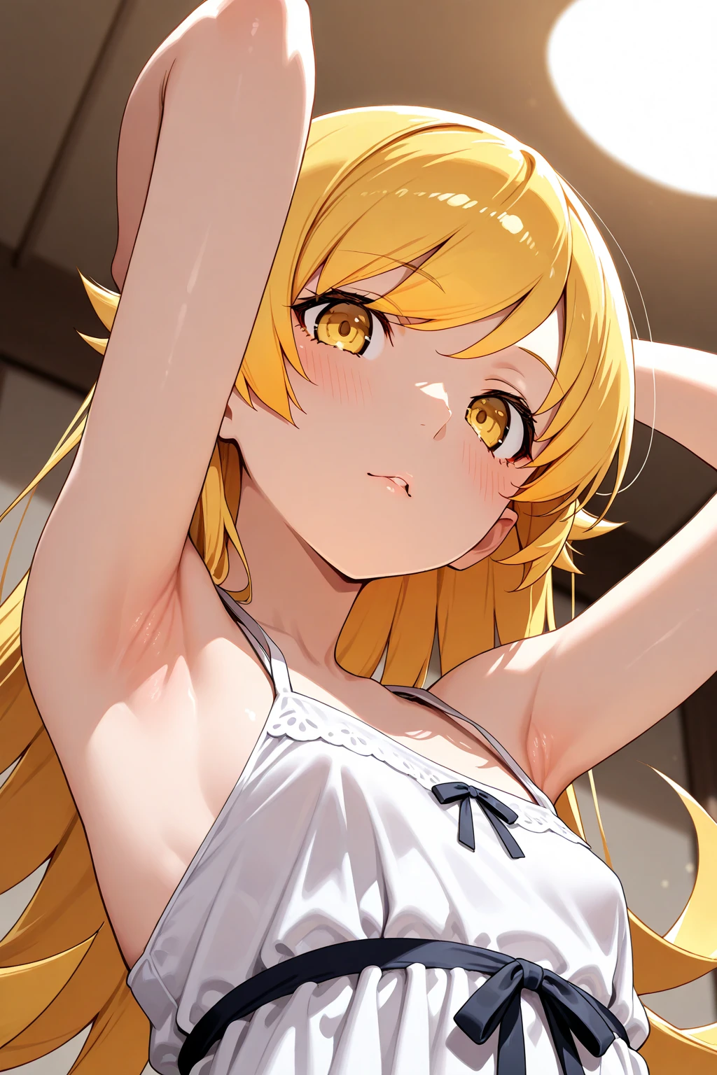 ((masterpiece,best quality)),high resolution,ultra detailed,8k,16k,detailed background, perfect lighting,detailed beautiful eyes,1girl,nsfw,embarrassed,blush,look at viewer,((from front)),from above,face focus,fisheye lens,steam,sweat,(lying,on back,show off armpits,show of pussy,cowboy shot:1.4),naughty smile,wavy mouth,open mouth,small breast,mayano_topgun,long hair,orange hair,twin side up,orange eye,horse_ears,ear_ribbon,camisole,(colorful,kawaii anime style),living,