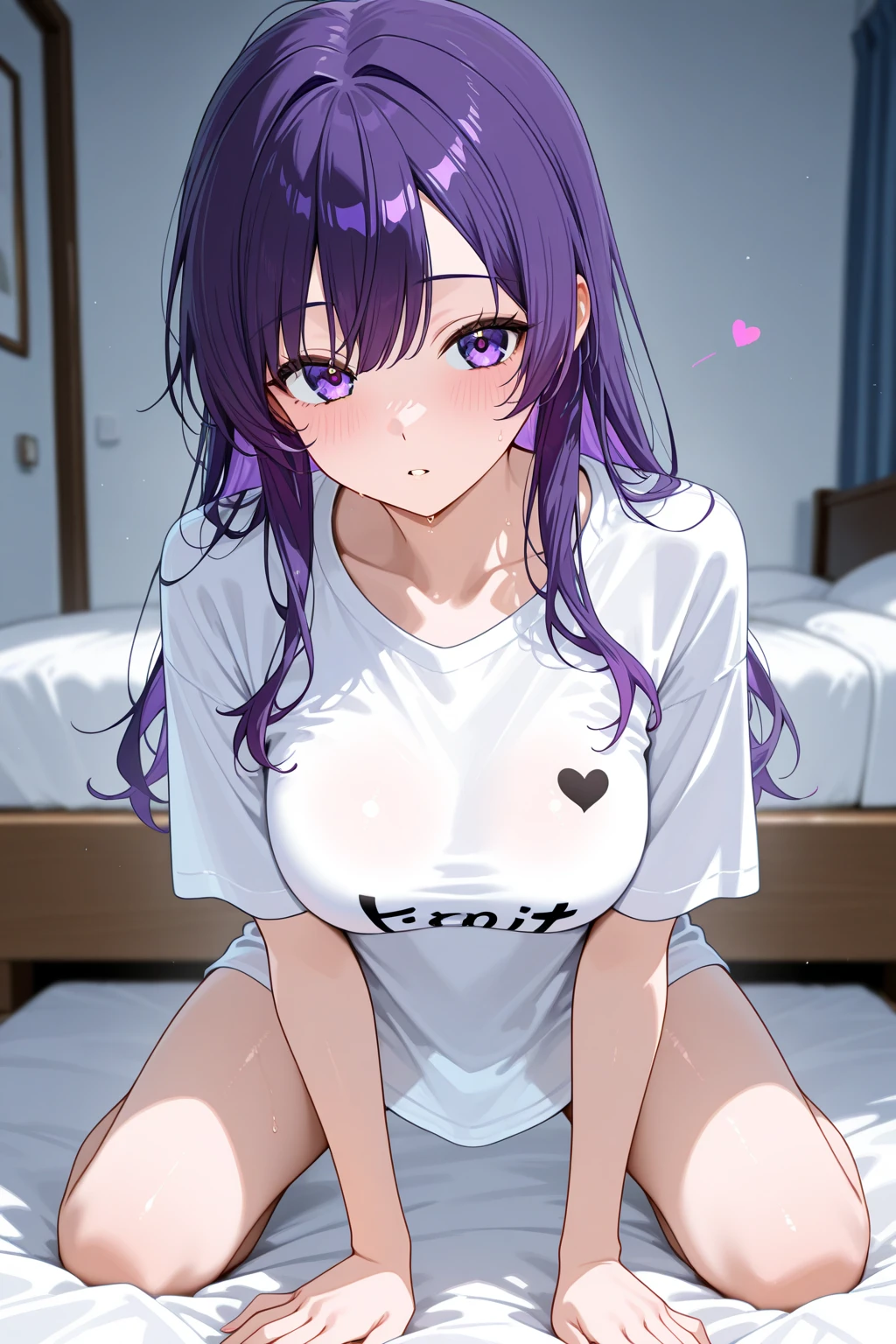 raiden shogun, On the bed, Long Hair, Wearing a wet white t-shirt, Wear underwear, the body is slim, joy, Perfect breasts,Big Breasts、Black Hair