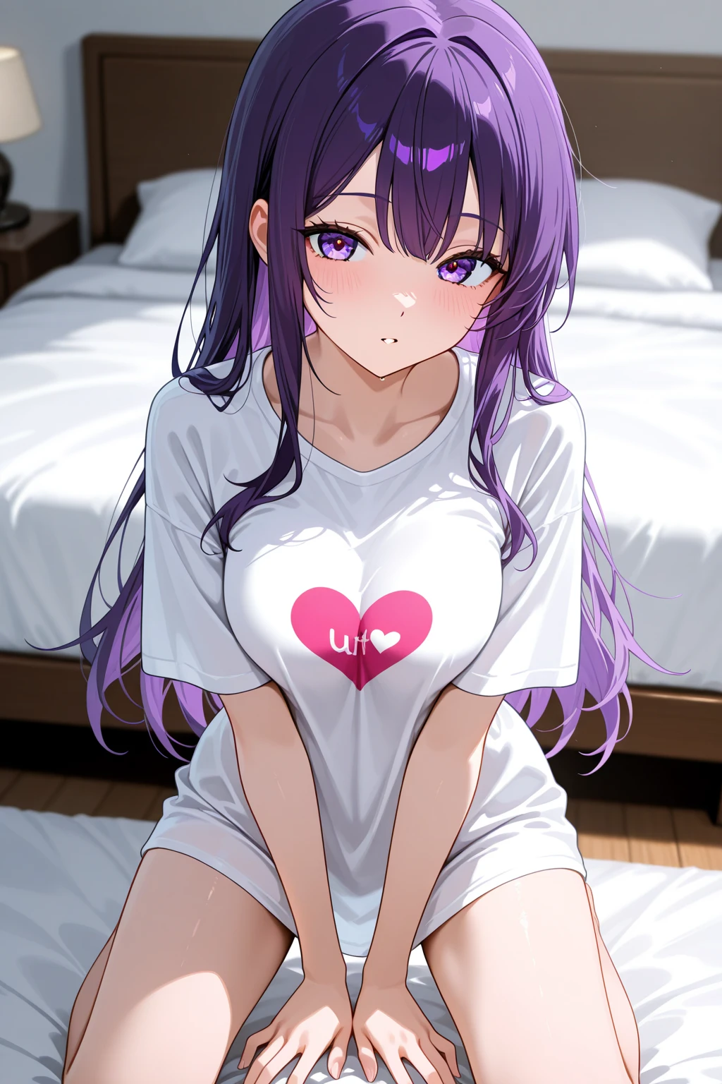 {{{NSFW}}},(masterpiece:1.2),(ultra quality:1.2),(ultra detailed:1.2),(ultra-high resolution:1.2),(very fine 8K CG wallpaper:1.2),Mejiro McQueen \(umamusume\),{1 girl,beautiful girl,cute,smile,kawaii, lovely,blushing,playful expression},sharp focus,oily skin,beautiful detailed hair,glossy hair,(wear gym uniform:1.5),(lying on the bed:1.2),wear buruma,perfect two legs,(spread two legs:1.2),,five fingers,(large breaths),beautiful detailed eyes,jewel like eyes,violet eyes, (two hands behind head:1.1),open mouth,armpits, solo,beautiful navel, looking at viewer,collarbone,earring
