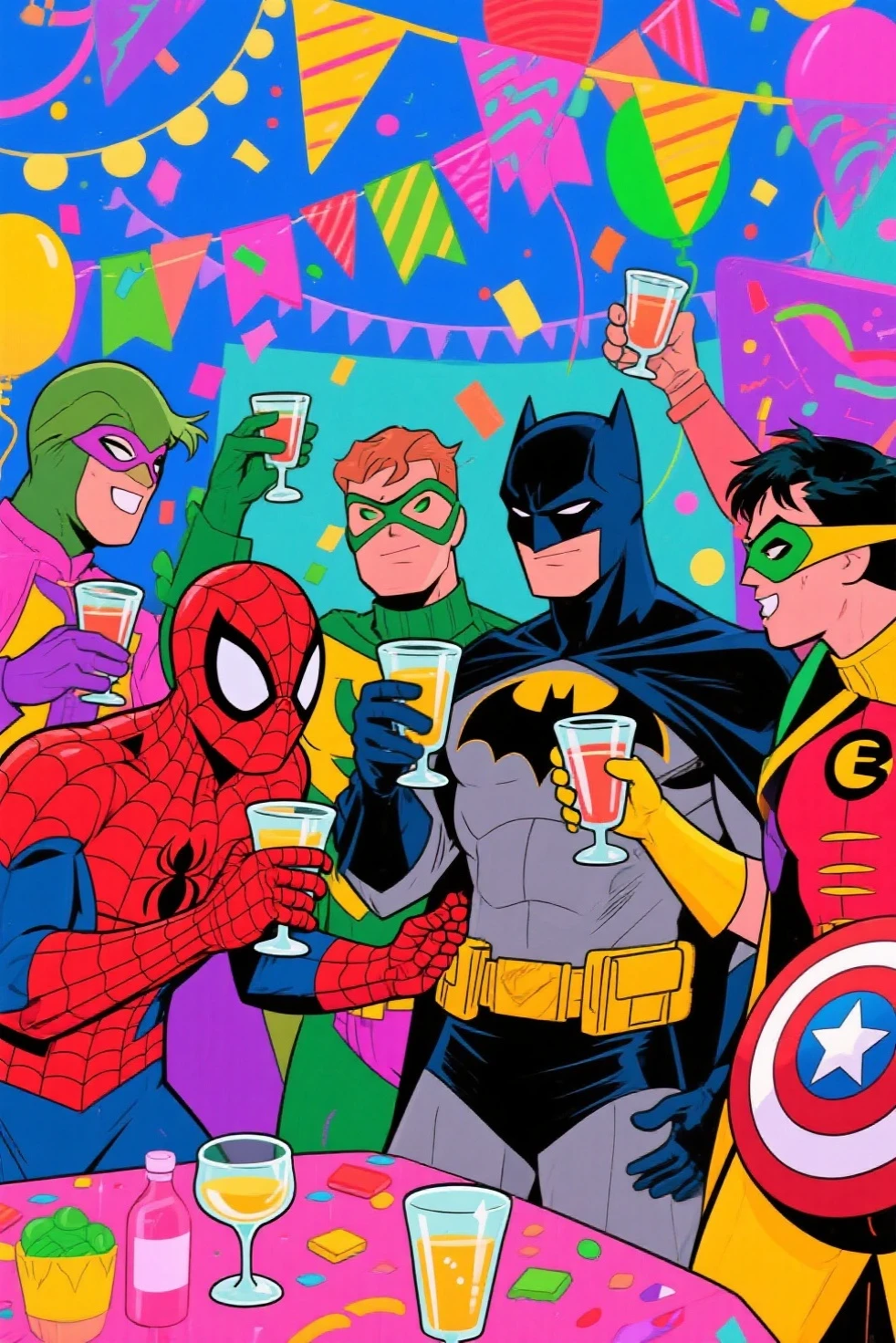 Masked superheroes such as Spider-Man, Captain America, Batman, etc. gather at the party with glasses in their hands.