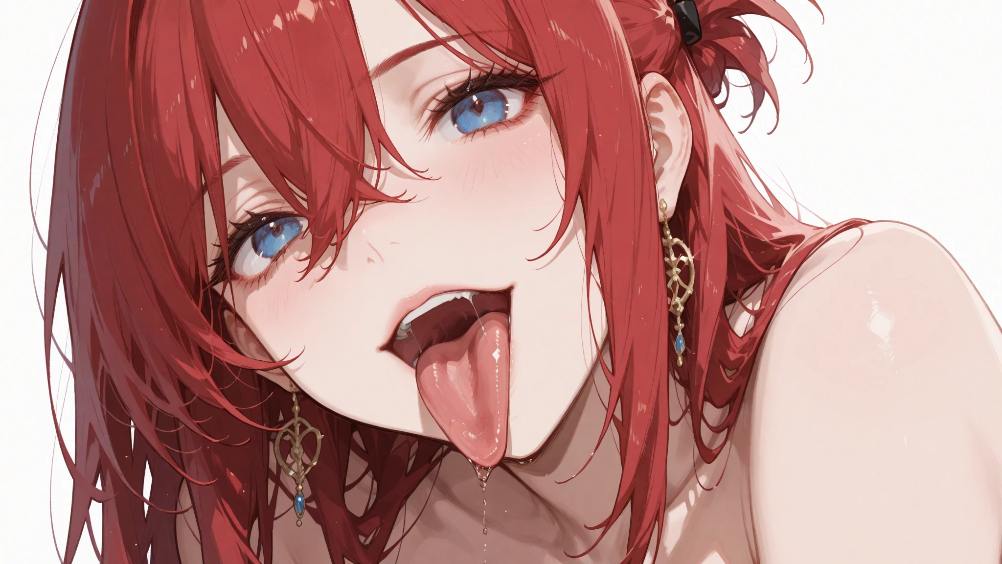 (masterpiece, best quality, ultra-detailed, high resolution, detailed eyes), nsfw, takeda hiromitsu style, 1 beautiful woman, (30 years old), earrings, curvy body, large breast, red bra, bottomless, tall, big eyes, long red hair, curly hair, (open mouth:1.3), (tongue out:1.3), (drool:1.3), on all fours, spread legs, vaginal sex from behind, 1boy, sweaty skin, (love juice:1.3), {ass up}, orgasm, (trembling:1.3), tears, hotel