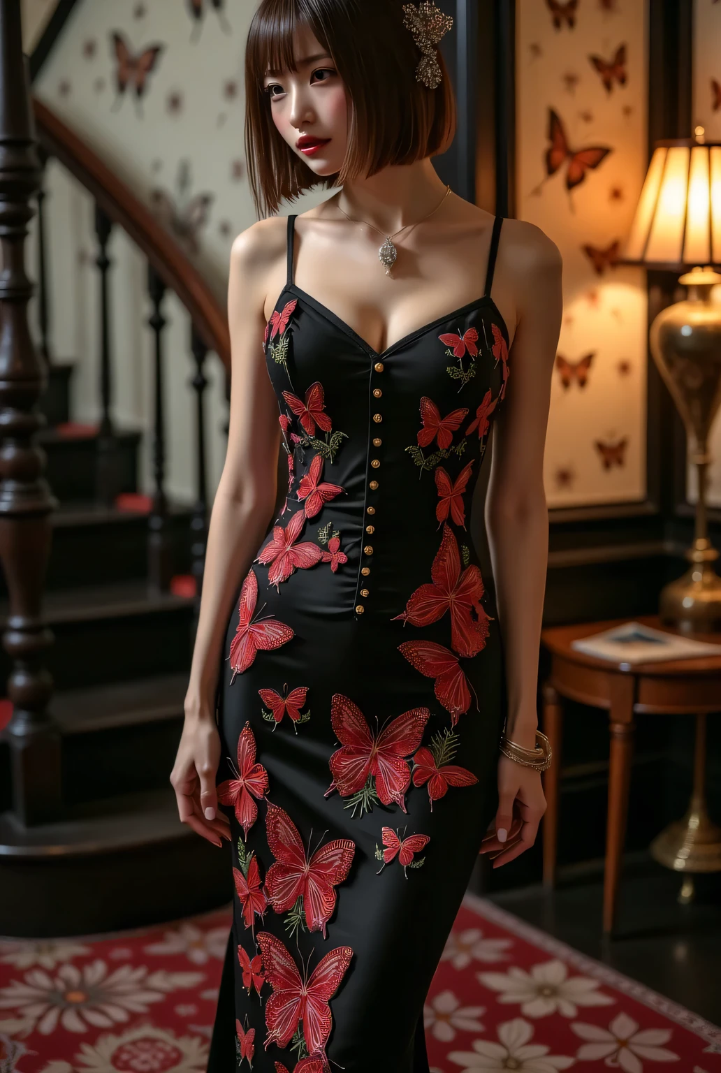 (((An elegant dress with all-over butterfly embroidery1.5))). Sexual atmosphere.
Dimly lit Western-style mansion late at night, Bewitching hall, bewitching space, seductive pose.
Super beautiful Japanese woman, makeup, light red lips, short bob hair, detailed hair ornament, detailed jewelry, stiletto heels,
Glamorous body, big breasts.
background is indirect lighting, ceiling light, detailed glowing spiral staircase.
Elaborate patterned wall.