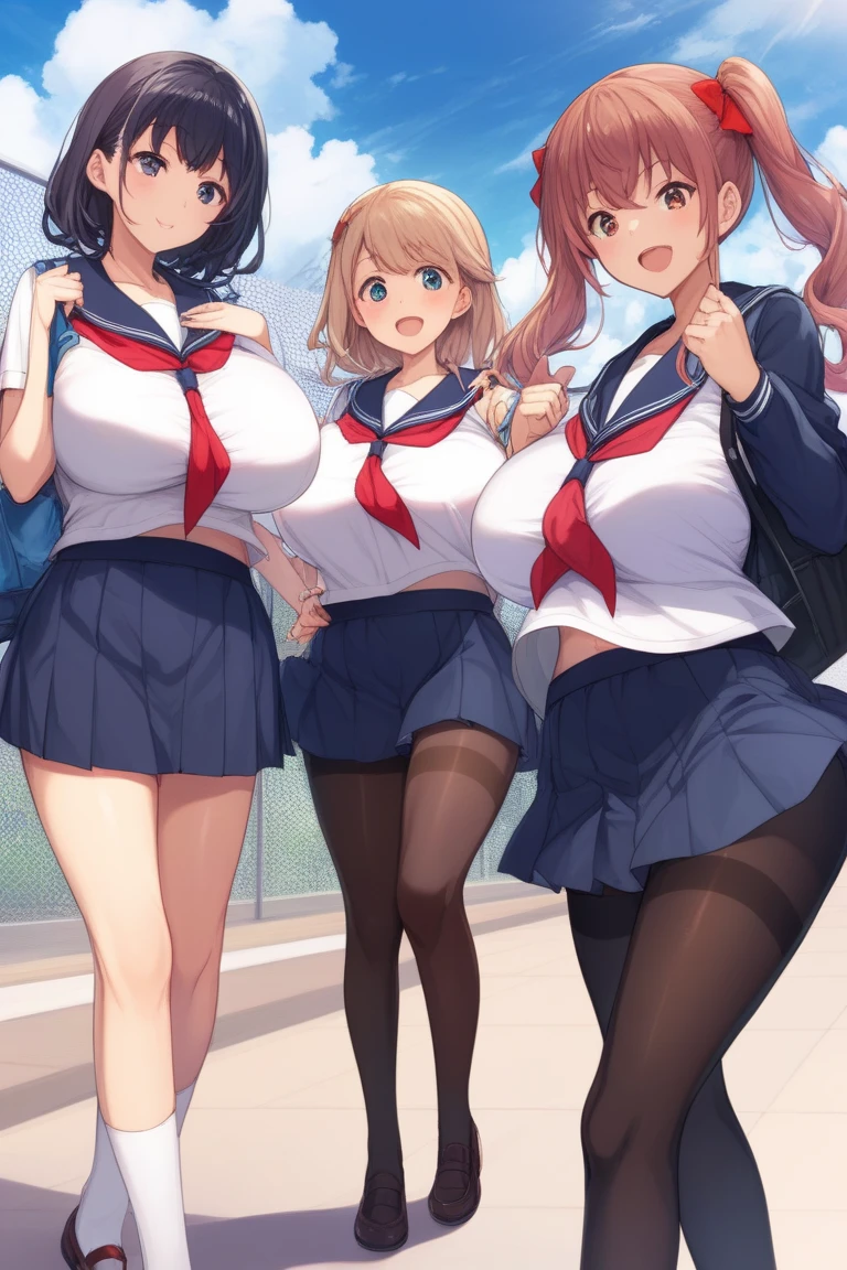 masterpiece, best quality, simple background, random hairstyle, large breasts, summer, 3 girls, full body, skirt,