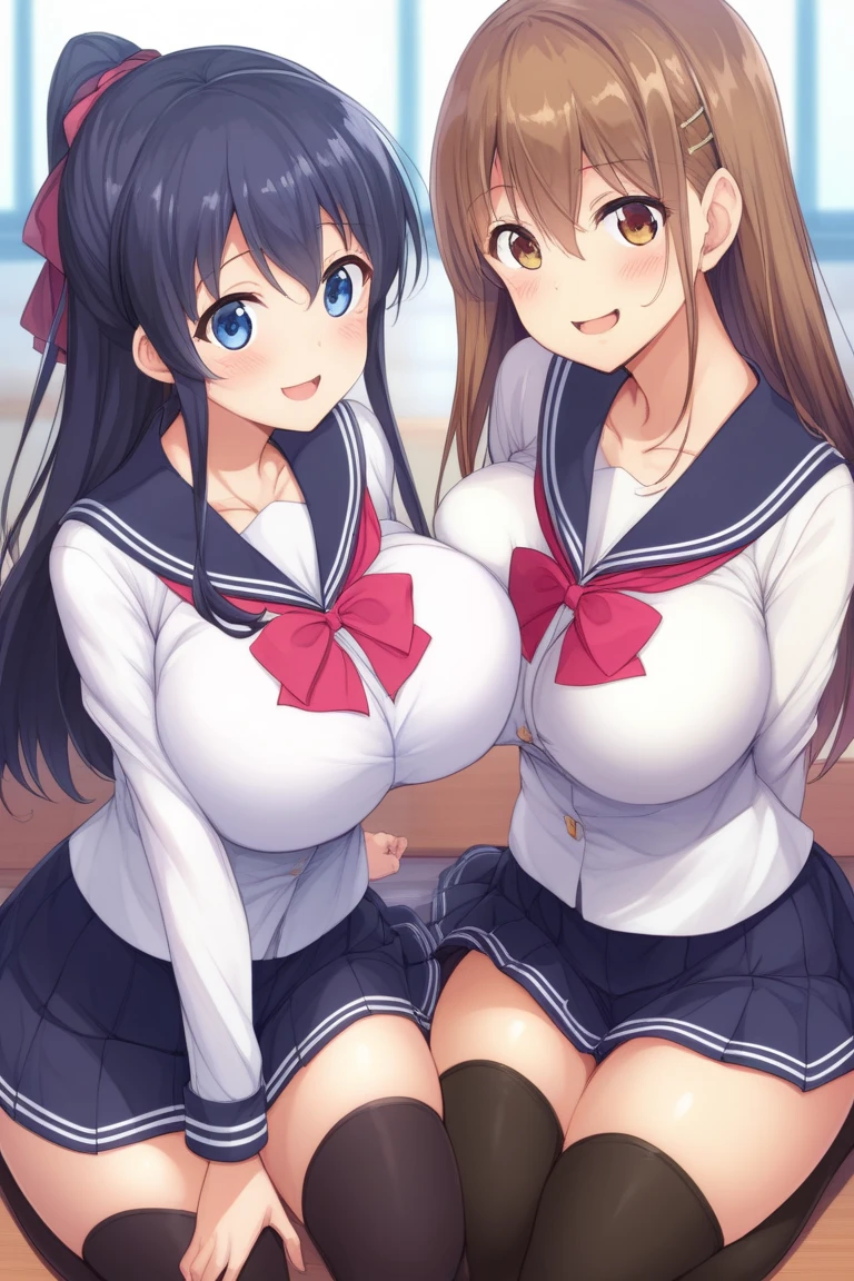 anime、Beautiful pink eyes、Black Hair、Glasses、Belly button piercing、, Glossy with oil々Skin、NSFW、Wearing a sailor uniform、Pink Check Skirt、Shiny thighs,、Narrow waist、Firm, slim, big breasts、panty lift.cute、Love juice drips、smile、Classroom