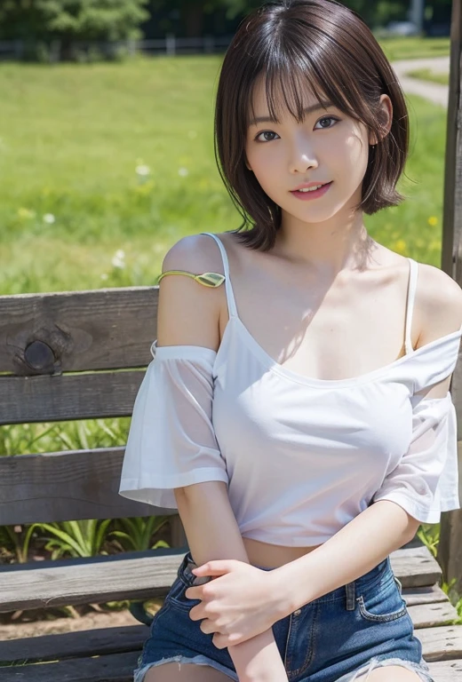 (masterpiece:1.3), (8k, Realistic, RAW Photos, highest quality:1.4), ((Full Body Shot))、(Black Hair, short hair:1.3)、Beautiful big brown eyes、Larger breasts、 (Healthy Skin)、 (((Ride a bike outdoors)))、Ultra-high resolution、Golden Ratio、 Long limbs、((Beautiful Japanese girl))、((smile))、((Full Body Shot))、White tube top、Denim shorts