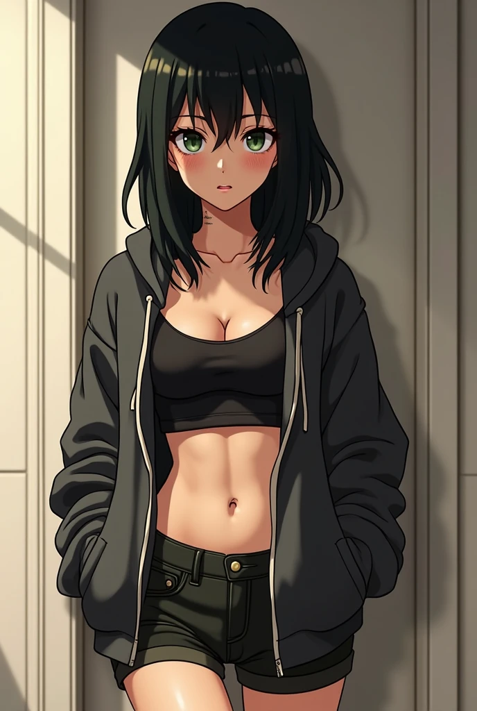 (Masterpiece) (High Detail) (High Res) (Black Skin) Looking from above A young black humanoid FutEred with dark skin and ebony flesh and green eyes and short black hair and goat ears and short dark goat horns and a toned teen body and small to average breasts dressed like a punk wearing a purple jacket and black jeans