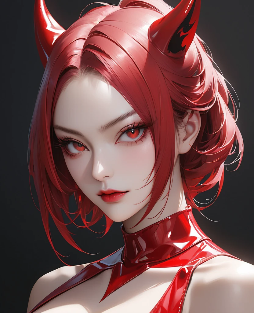 ((extreme detail)), (ultra-detailed), (painting), chiaroscuro, extremely detailed CG 8k wallpaper unit, best quality, red bodysuit, red halo, horns, devil, succubus, evil smile