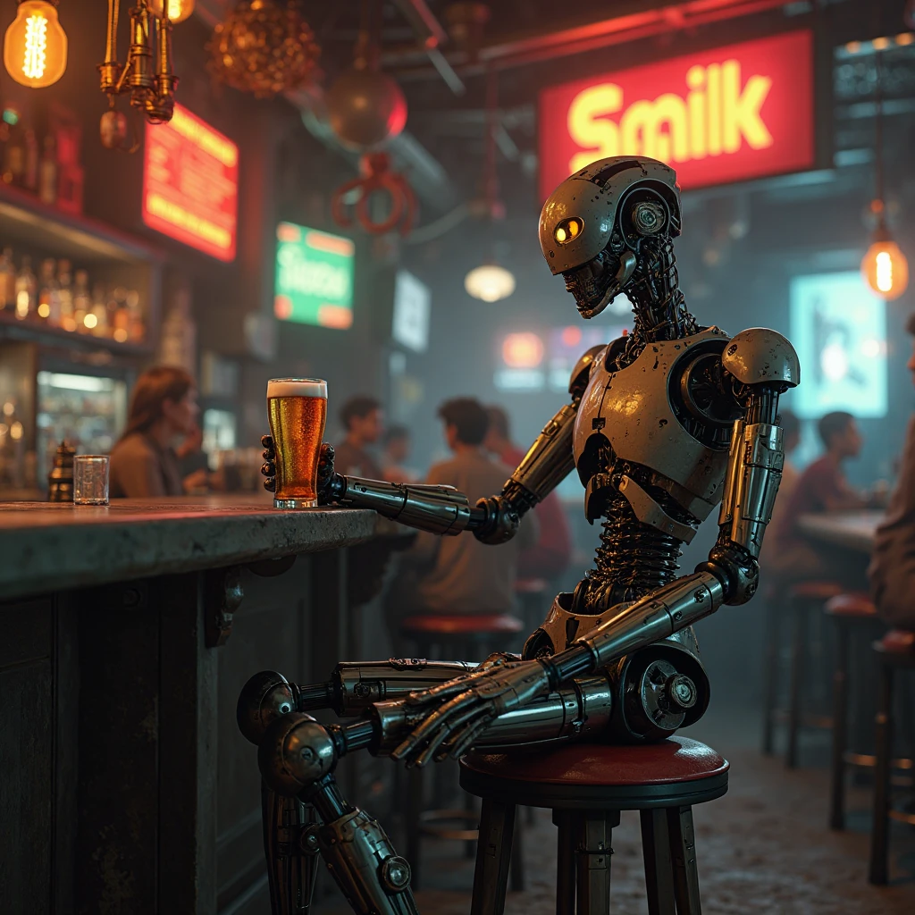 A humanoid transmission line, with arms, pernas e rosto, dentro de um bar,  sitting on a high stool, Taking a draft tulip