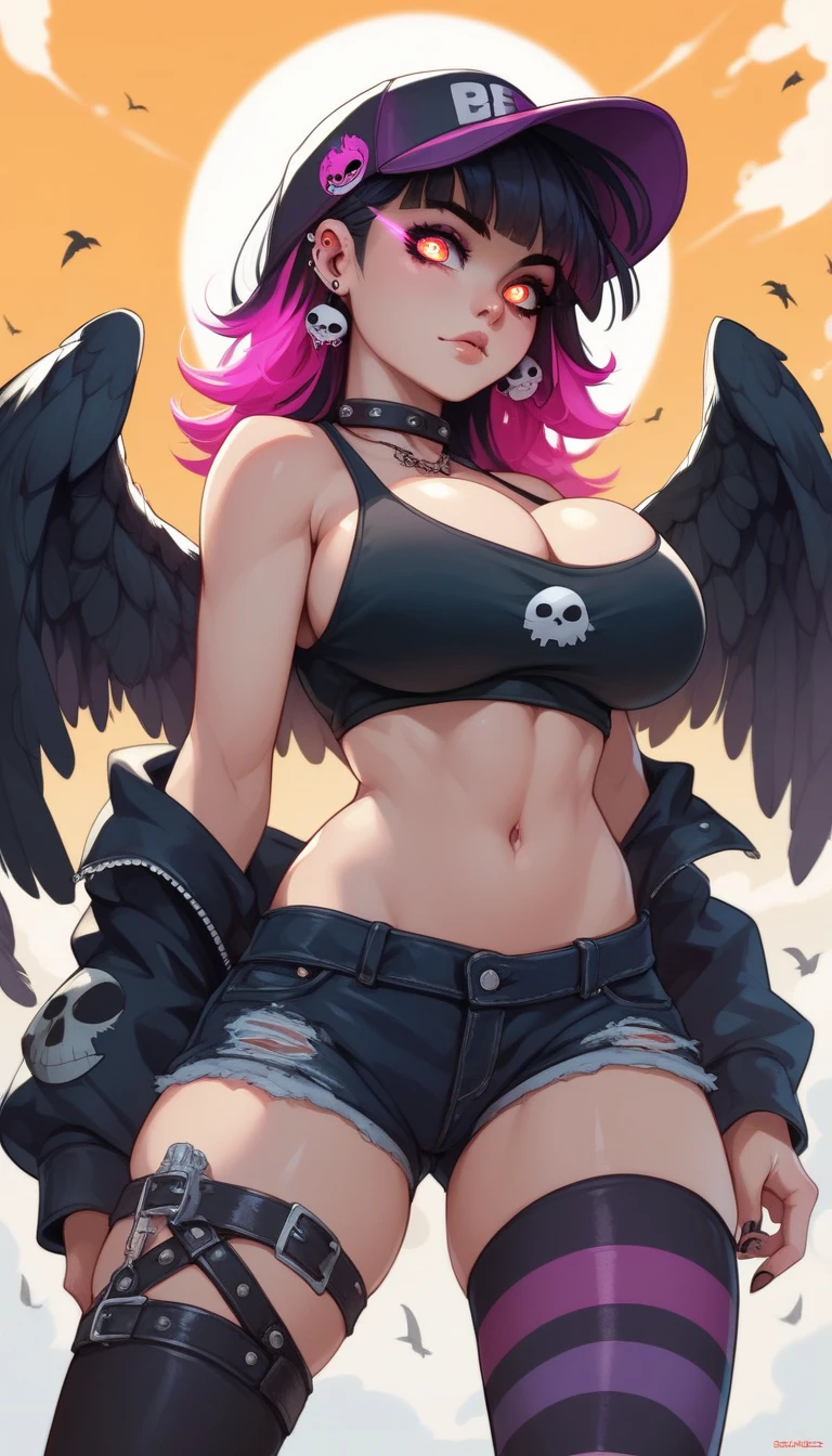 Kujou Sara Genshin Effect, masterpiece, bestquality, 1girls, oversized breasts, bara, dress shirt, Long Jeans, choker, Black crow wings on the back., (Graffiti:1.5), Splash with purple lightning pattern., arm behind back, against wall, View viewers from the front., Thigh strap, Head tilt, bored, water eyes,