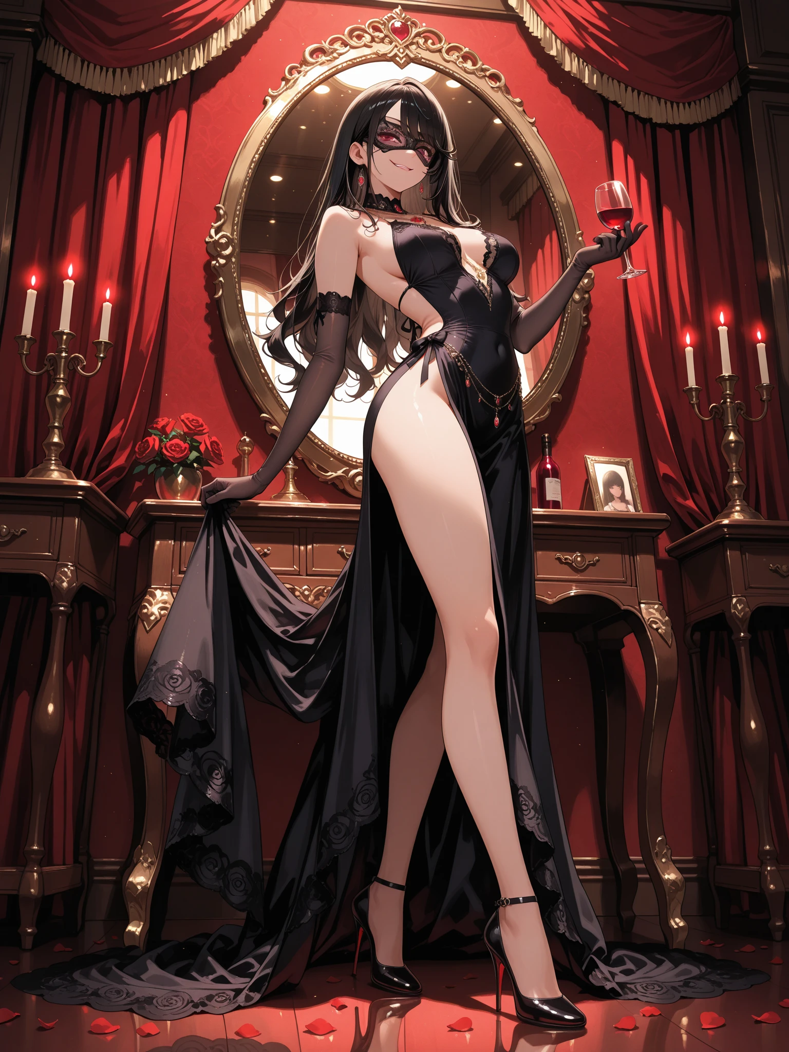 Black dress, dark hair, heels, dark eyes , a rose in her hand , rose flowers around , rose petals fly in the air , sun , black panties with a rose pattern , stockings , 8K best graphics best details