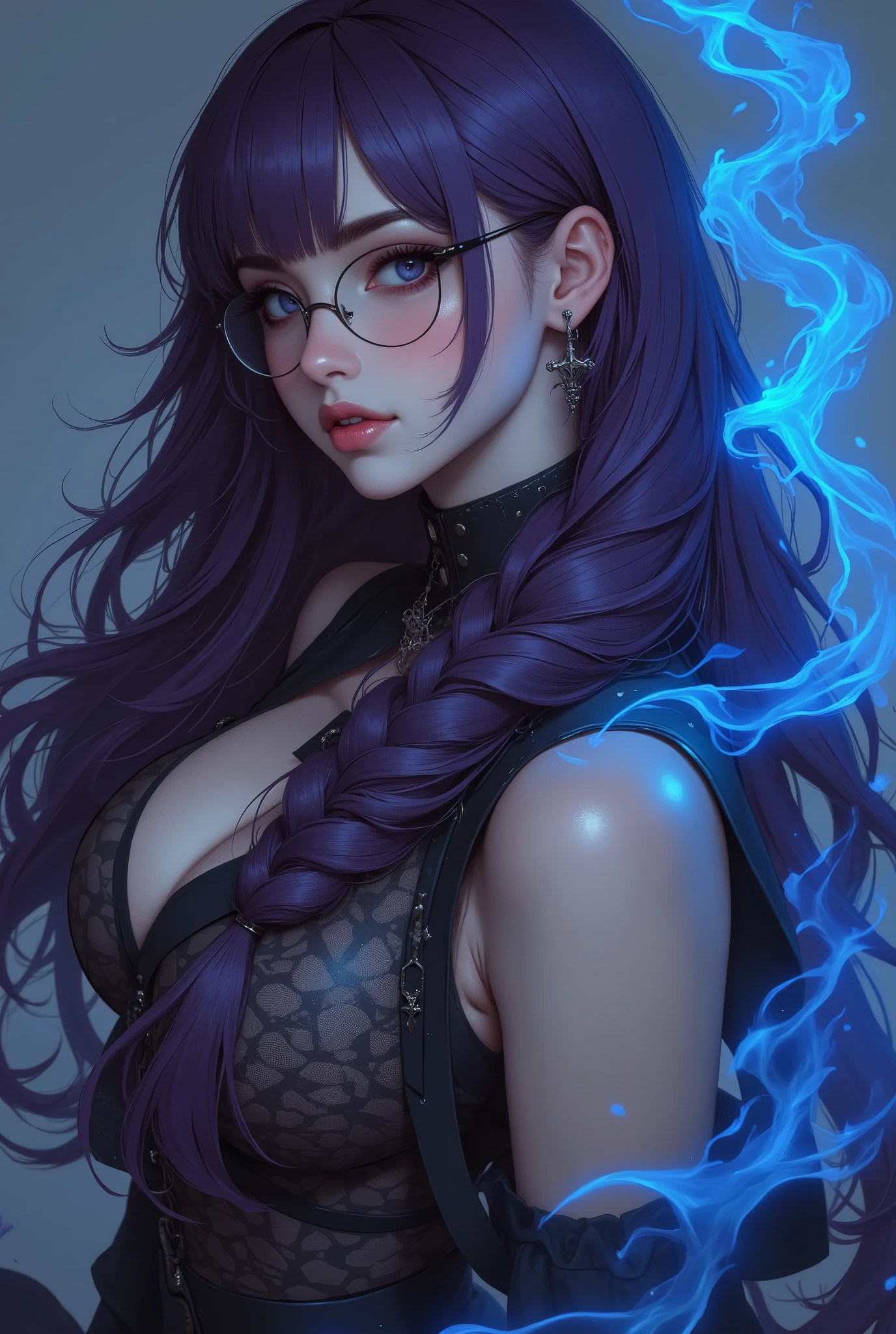 a detailed woman portrait, ((rear angle)), from the back, purple hair, purple eyes, eyewear on head, fine and beautiful body, high detailed skin, long eyelashes, beautiful eyebrows, nice lips, amazing bust, ((bikini)), (see-through lingerie), short hair, good lightning, good refraction of light on skin, hd, 4k, top quality, large ass, beautiful legs
