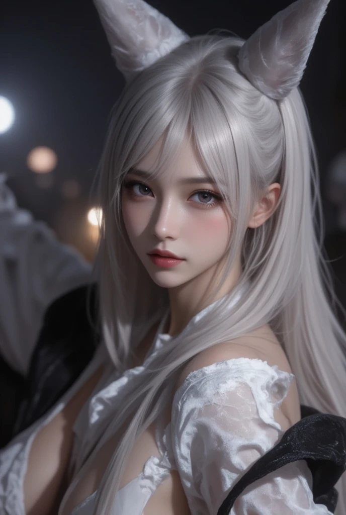 NSFW:1.5,Masterpiece, Best quality, 1girls, (Colorful),(delicate eyes and face), volumatic light, Ray tracing, Bust Up Shot ,Passing the eyes of God，fcollarbone，Barefoot，Extremely detailed CG unity 8k wallpaper,独奏,Make a smile,((flying petal)),(Flowery meadow) Sky, cloudy day_Sky,moonbeams, Moon, Night, (Dark theme:1.3), Light, fantasy, aeolian, magic sparks, dark castle,White hair,God's perspective