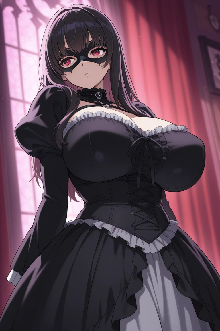 lineart, beautiful demonic woman, sexy, white long hair,big fangs, horns, hm2b, black blindfold, covered eyes, mole under mouth, clothing cutout, long sleeves, puffy sleeves, juliet sleeves, feather trim, black thighhighs, black gloves, black dress, black skirt