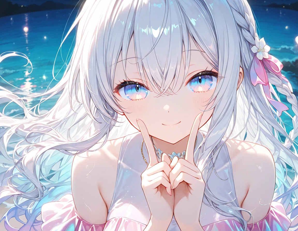 masterpiece,highest quality,Highly detailed face, water effects、Light effects、Feather Effect,Sparkling eyes,Highlighted eyes, Medium chest,pretty girl,smile,Embarrassed,Cat ear,Beautiful silver hair,Pink inside,Beautiful pink eyes,Cherries