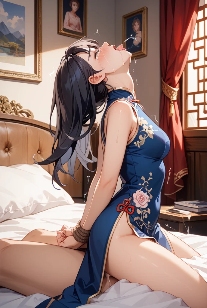 (Realistic:1.3), (photoRealistic:1.2), (highest quality), (Detailed skin:1.3), (Intricate details), 1 woman, 19 years old, Detailed skin texture, (blush:0.6), Scattered beneath the surface, ((smile)), Black Hair, Straight Hair, medium Long Hair, Calm hair, bangs, Hair between the eyes, Hair volume is low, Sparkling blue eyes, Lens Eye, Light reflection in the eyes, ((wink eye)), looking at the camera, hair ornaments, Wearing Chinese Dress, Skirt with a slit, a Side slits, ((Red long Chinese Dress)), sleeveless dress, ((pink panty)), flower print dress, Clothes that open at the chest, she has two legs, Two arms, Five fingers, Two joints in the fingers, barefoot, angle from above, Crotch open posture, (Show me her vagina), (pussy), (Sitting on the stairs), ((Do not hide the crotch)), ((she spread her legs very wide)), slim legs, (pink g-string panty), thong, Clothes and panties are separated, Light source is above, ((Massage her boobs)), ((wide opened side breast)), Open-chested dress, (((Grasp her tits), cleavage of chest, (((fingers on the boobs))),