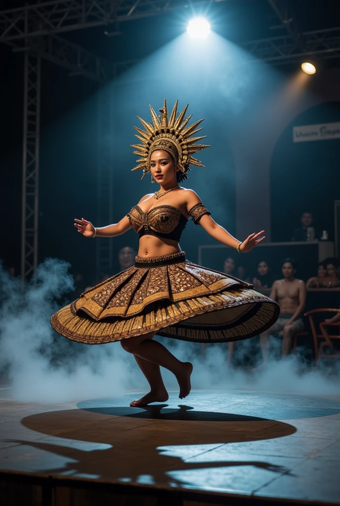 Beautiful Cherokee Indian woman with beautiful terracotta colored headdresses, blackw, doradas, cobre, Pearl, white and beige, feathers made of bright neon of various colors, flares on camera, bokeh, full moon night
