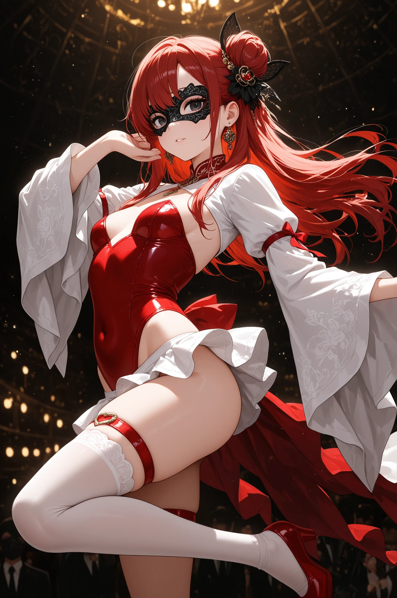 <lora:edgLycoris_Lapin:0.8> edgBunny, Haute_Couture, bunny ears, wearing edgBunny Haute_Couture designer dress, red and purple theme, cowboy shot,, ultra detailed, masterpiece, best quality, aesthetic, detailed,, solo, seductive smile, red lips,
1girl, purple eyes, red hair, blunt bangs, medium breasts, <lora:hair_rings:1> low hair rings, <lora:EllaNyan:1>,