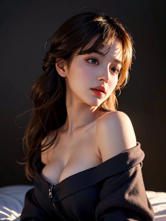 Best quality, masterpiece, ultra high res, (photorealistic:1.4), raw photo, 1girl, offshoulder, in the dark, deep shadow, low key, cold light