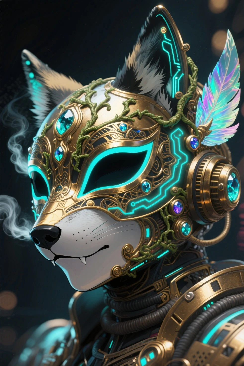 Grim portrait of a wolf in suit and muscle glasses with intricate angular cybernetic implants floating in space, full of gothic gold, Cyberpunk, Foto premiada, Bokeh, neon lights, cybernetic limb