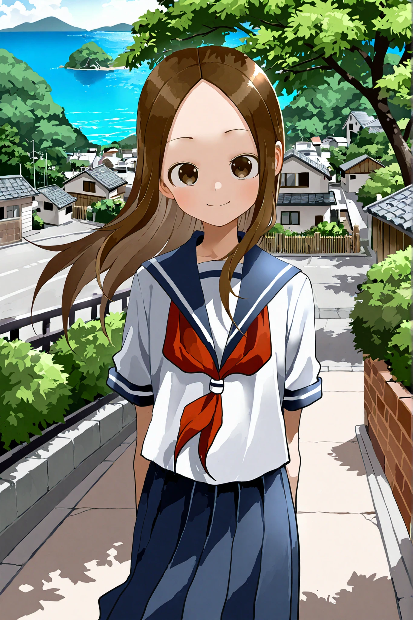 yamamotosouichirou
takagi-san
brown eyes, dark brown hair, long hair, parted hair, forehead, petite, slim
white shirt, blue sailor collar, red neckerchief, short sleeves, blue skirt
masterpiece, best quality, amazing quality, very aesthetic, absurdres, detailed background, volumetric lighting, ray-tracing
solo, 1girl, looking at viewer, cowboy shot, front view, smile, wind, floating hair
(outdoors, japan, tonoshA, shAdoshima, island, summer, ocean, tree, bush, residential district, house, street, brick wall, fence)