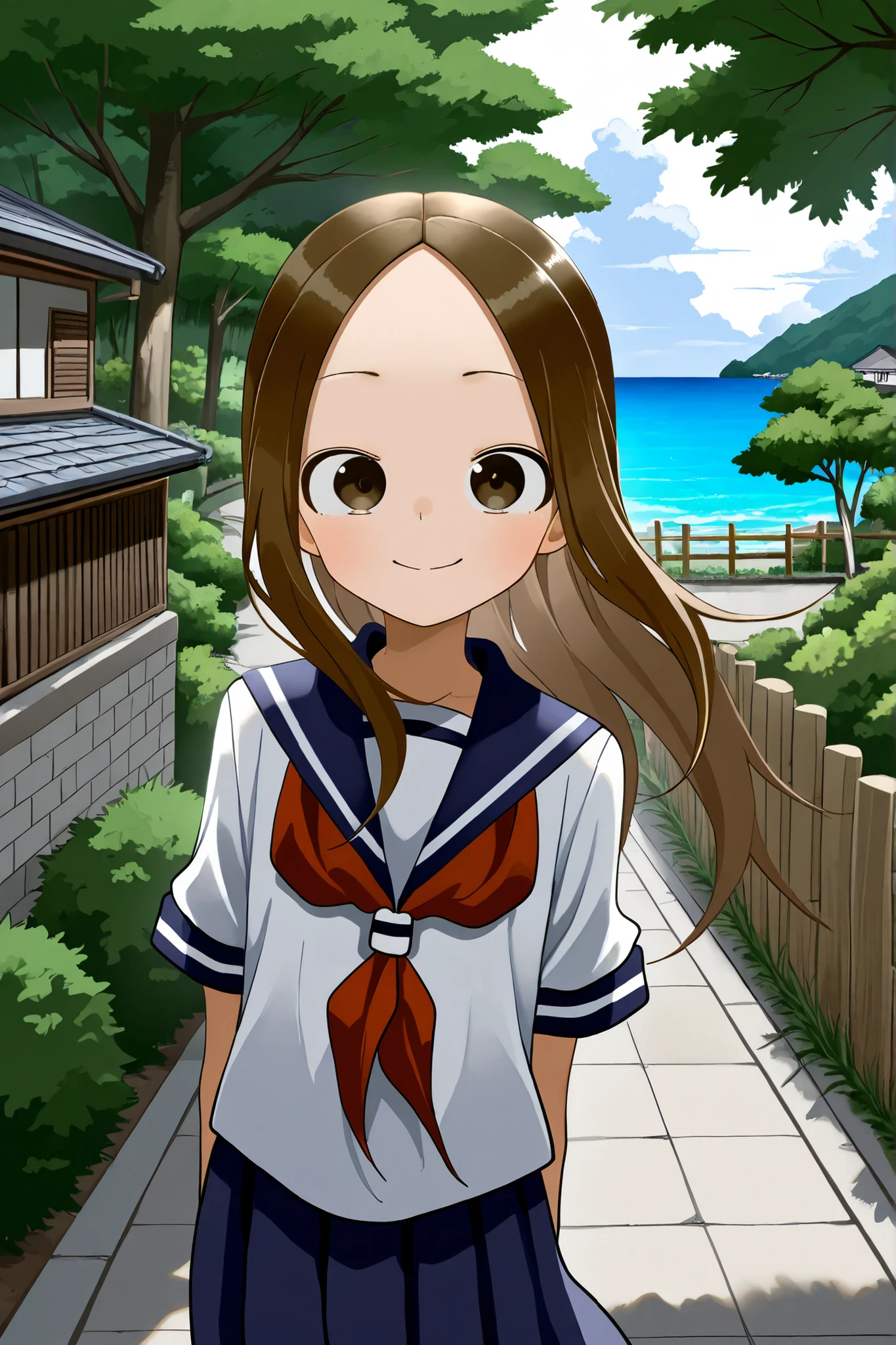 yamamotosouichirou
takagi-san
brown eyes, dark brown hair, long hair, parted hair, forehead, petite, slim
white shirt, blue sailor collar, red neckerchief, short sleeves, blue skirt
masterpiece, best quality, amazing quality, very aesthetic, absurdres, detailed background, volumetric lighting, ray-tracing
solo, 1girl, looking at viewer, cowboy shot, front view, smile, wind, floating hair
(outdoors, japan, tonoshA, shAdoshima, island, summer, ocean, tree, bush, residential district, house, street, brick wall, fence)