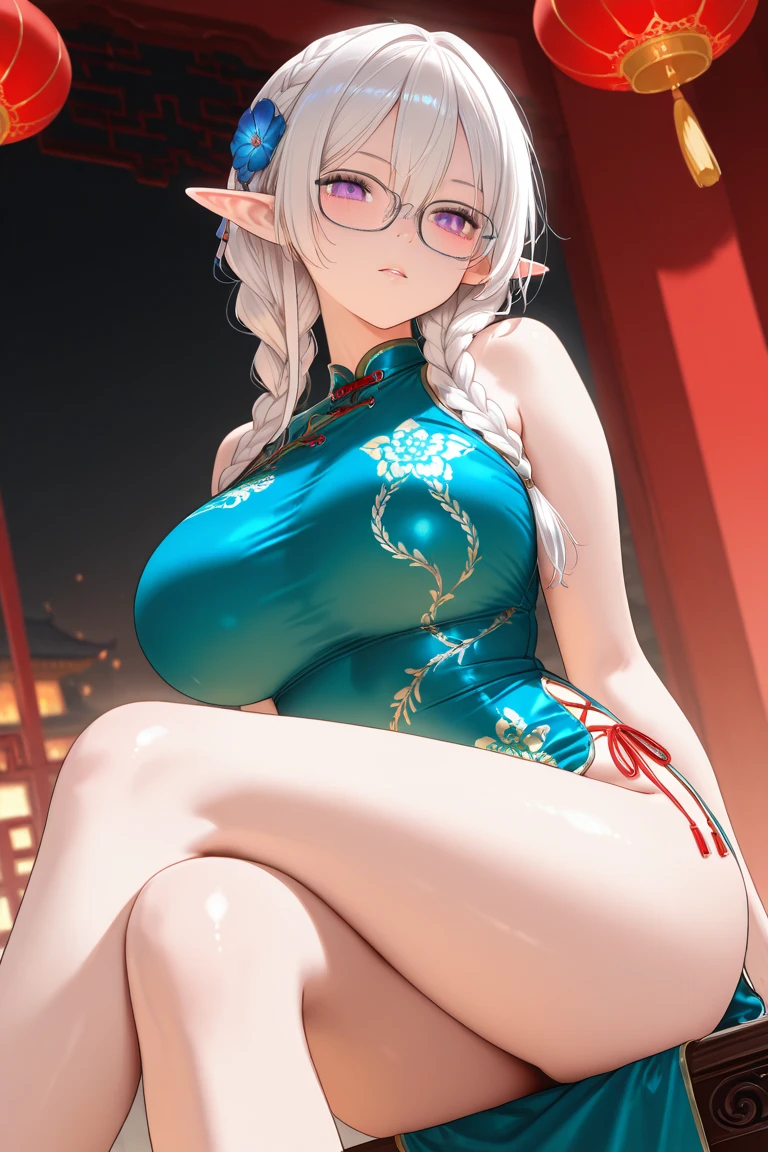 ((woman with long gray hair with two ponytails and red eyes))((chubby)),((with round glasses, standing with legs open in the form m)),((holding a book)),(( facing the spectator)),((giant breasts, naked breasts, with a transparent outfit)),((smiling face)),((in a biblical story of a haunted castle, at night)),