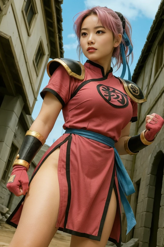 A hyper-realistic cinematic portrait of a strikingly beautiful Female Japanese martial artist from a fantasy realm, her vivid bubblegum pink hair styled in an intricate topknot secured by a black scrunchie. She wears a sleeveless pink martial arts uniform with a lightweight yet sturdy pink breastplate and shoulder guards adorned with intricate golden patterns resembling ethereal flames, her toned legs accentuated by a striking blue swimsuit bottom that allows for maximum flexibility in combat. An aura of dynamic, adrenaline-fueled combat surrounds her, conveying a sense of raw power tempered by poise and grace. Captured from a dramatic low-angle that exaggerates her imposing stature, with cinematic filters and HDR effects that cast harsh shadows accentuating every curve, the portrait exudes an atmosphere of intensity and kinetic energy