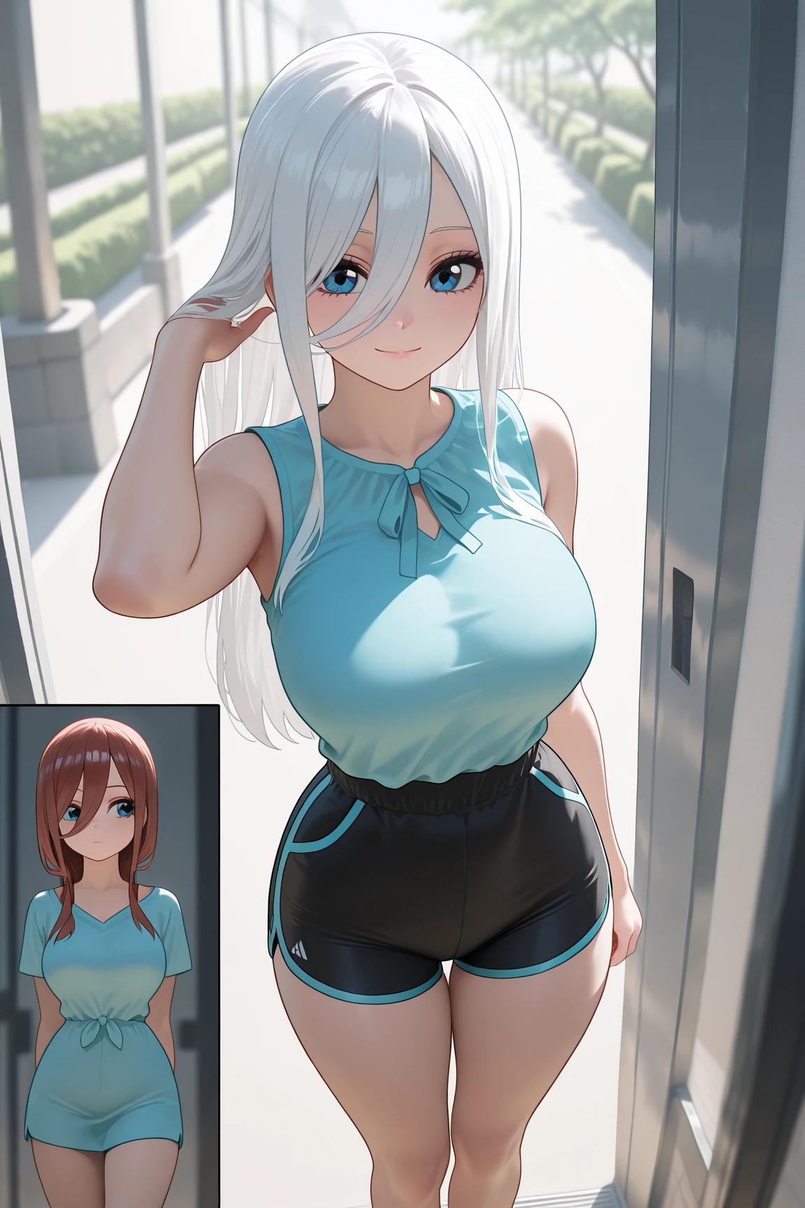 (beautiful,detailed eyes:1.1,green),(delicate facial features,clear complexion:1.1),(blue hair,unique),(mint t-shirt,jeans),(youthful,graceful posture),(vivid colors),(portrait:1.1),(sharp focus),(studio lighting),(bokeh),(female,1girl),(busty,voluptuous),(relaxed,confident expression) busty. Voluptuos