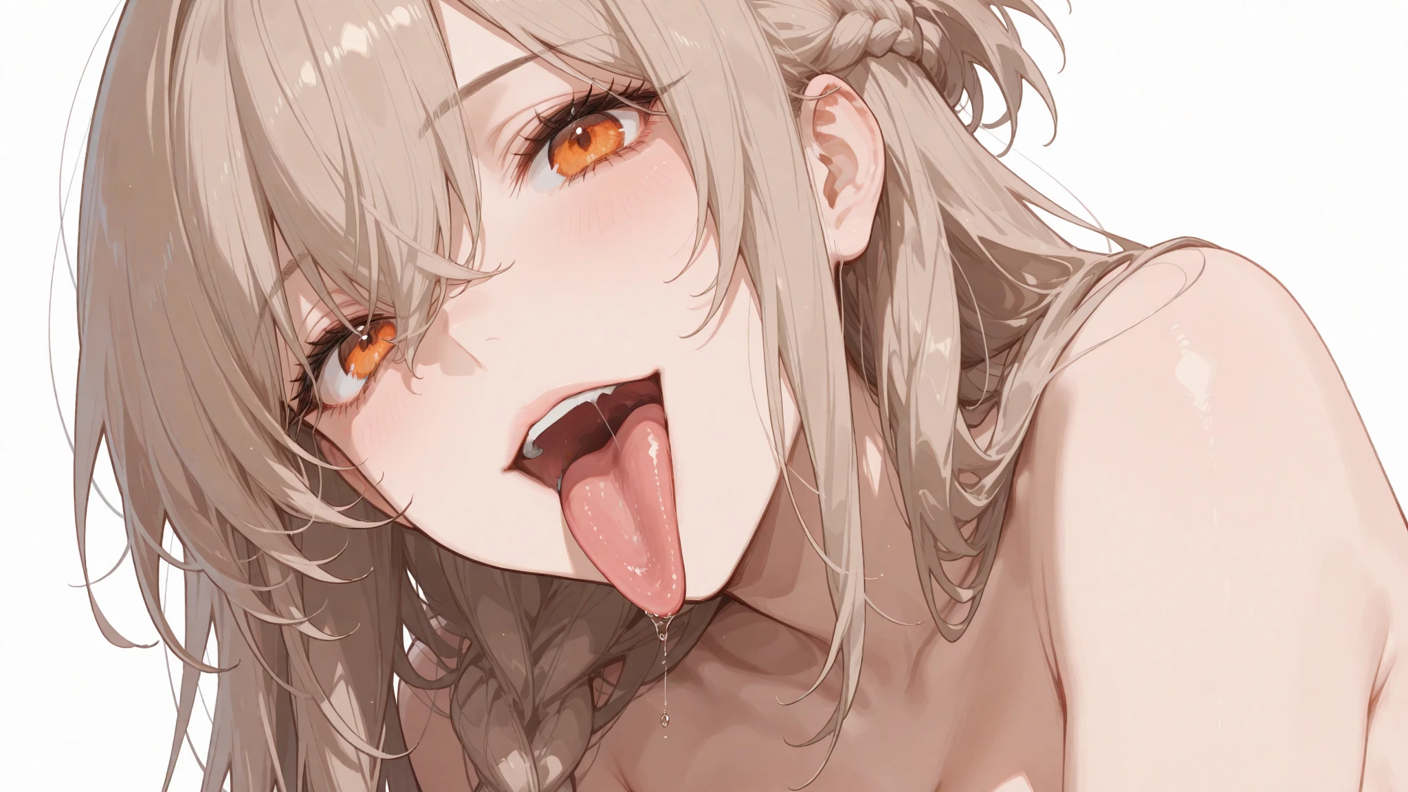 anime artwork, score_9, score_8_up, score_7_up, score_6_up, score_5_up, score_4_up, floox style //////Himiko toga, big breasts, she is 24 years old, style_3, , , , naked,, yellow eyes, , nude, grey background, ,, 1boy, , blush, nose blush, prone bone, ahegao, boy's head out of frame, her hands in fists, clenched hands , motion lines, saliva, spank marks on ass