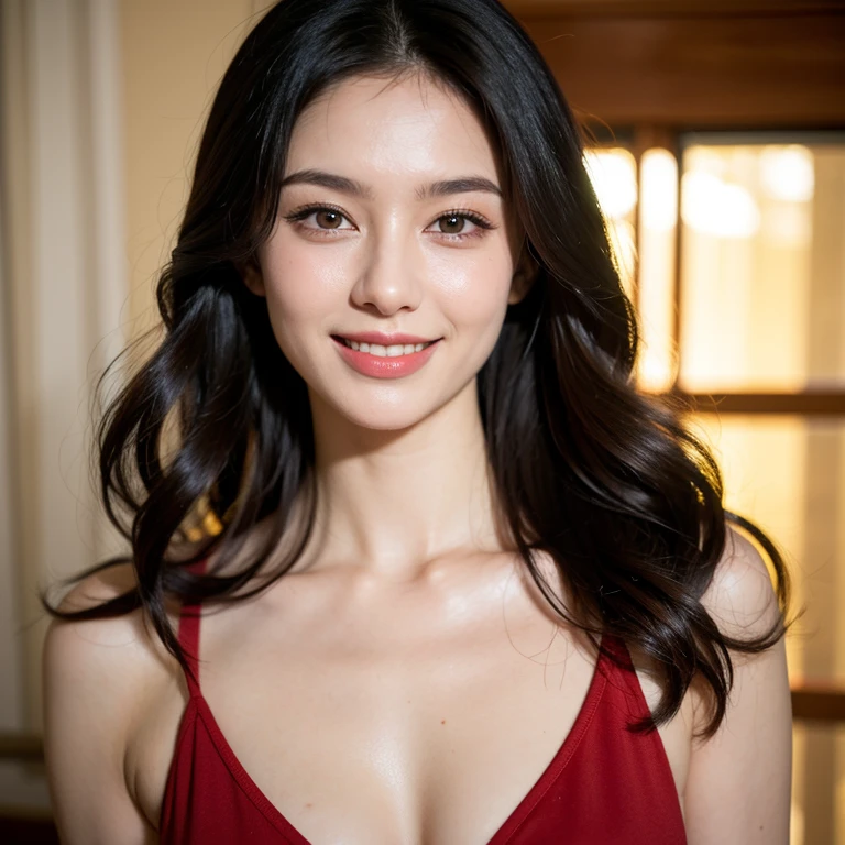 top-quality。8K-Picture。Young gravure idols。Beautiful Women in Perfect Style。Slender but big breasts。The attraction of the gap。Slim abs。dark brown hair。(Colossal tits:1.4)。kawaii eyes。Double eyelids。long, Wavy Hair。Very delicately drawn face。Perfect Style。Shot in a red swimsuit。(The fate of gravure idols、Colossal tits:1.4)。Subtle smile or shyness。