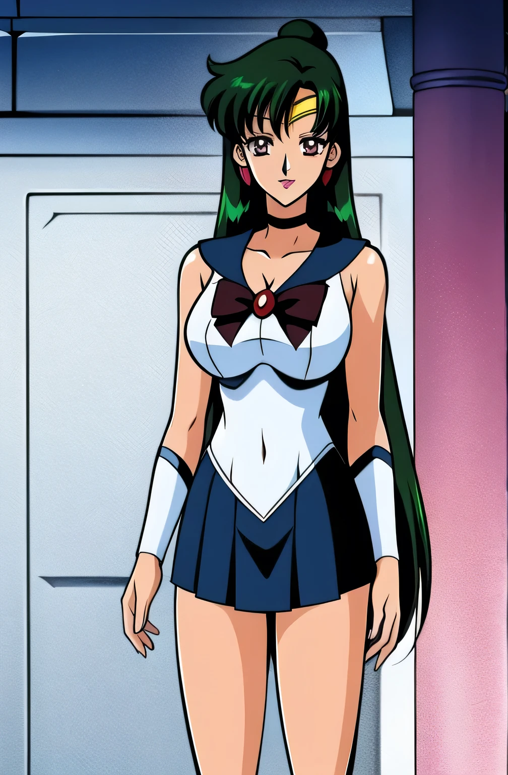 masterpiece, best_quality, highres, <lora:SetsunaMeiou:0.55>, SetsunaMeiou, green_hair, hair_bun, red_eyes, big_breasts, standing, black_sailor_collar, black_skirt, black_choker, solo, sailor_senshi_uniform, tiara
