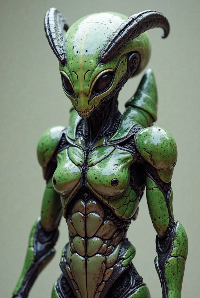 , naked, NSFW, pussy, alien, green skin, skin with marks , FUTURISTIC. , tobotica, Metal