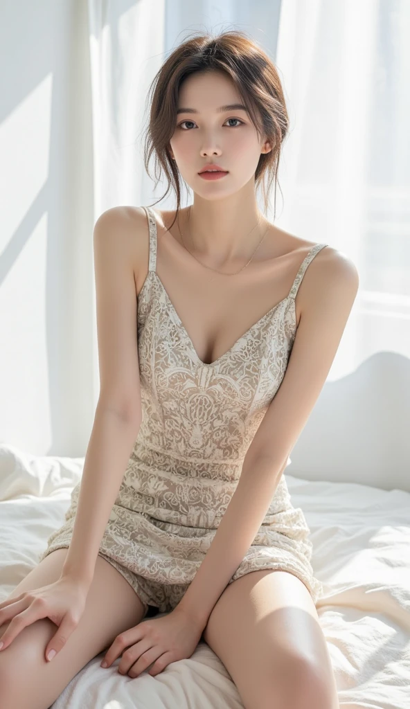 (Best quality, 32k, Raw photo, UHD), lifelike rendering, (medium shot), Photo of a beautiful Caucasian woman, 24 years-old, 1girl, 24yo, stunning, (medium blonde wavy hair), double eyelids, detailed facial, detailed eyes, detailed hair, perfect round medium breasts, cleavage, slender legs, curvy figure, nice hands, (pale skin:1.2), clean skin, detailed skin texture, skin pores, soft expression. She wears small necklace, pearl earrings, (beige-colored v-neck loose bodycone dress:1.3), (white lace thong), (black pantyhose:1.2), high heels, (midnight, at night:1.3), in (elegant living room, luxury background), off-white atmosphere, relaxing on a cozy couch, (typing on the keyboard of her laptop computer:1.4), sharp focus, messy hair, charming face, (eyes to camera, gazes up at the viewer and smiling seductively), yet exuding a sense of quiet confidence, detailed fabric rendering, (ultra-detailed), (physically-based rendering), (extreme detail), (vivid colors), (studio lighting), (low key, dark theme, in the dark:1.3), (Film grain:1.3), (cinematic lighting), Realism, Photorealistic, masterpiece, 8k, epiC35mm