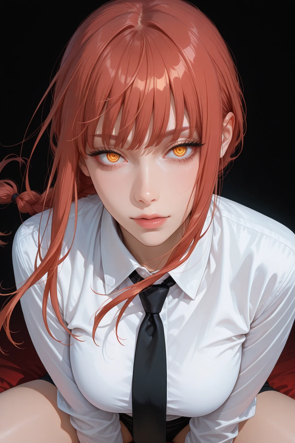 ((masterpiece)) best quality, highly detailed, realistic,(EMB_sksmakimatest,glowing eyes,scary exppresion:1.2), front view, looking at viewer, (sexy:1.2), (blood spray:1.2),(slight smile:1.3)