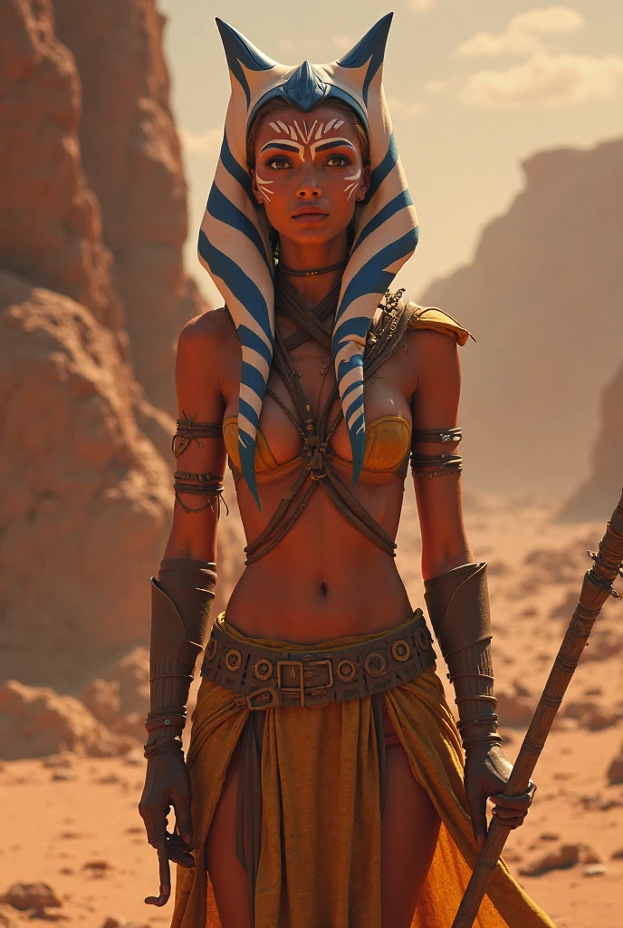 a woman with blue hair standing in a desert, karol bak uhd, beautiful futuristic himba woman, fantasy woman, futuristic himba young woman, beautiful female warrior, warrior woman, a beautiful woman warrior, futuristic himba teenage girl, scifi woman, beautiful female sorceress, cinematic goddess body shot, beautiful sorceress female, young adult fantasy novel cover