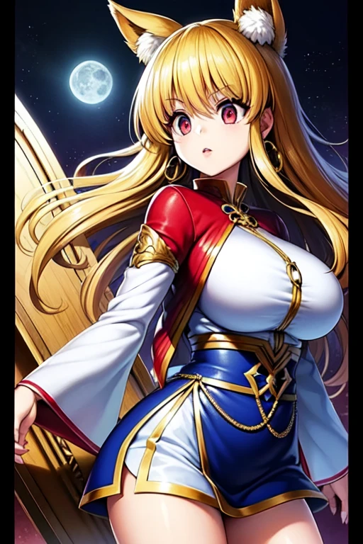 masterpiece、top-quality、(Blonde colored long hair、I have bangs:1.1)、(25 year old woman)、 (gold eyes:1.5)、(Big round eyes:1.5)、(Emphasis on the chest:0.5)、(modest smile expression:1.3)、(Staring:1.5)、(Close-up of the subject's face:0.5)、
Military uniform、red jacket、White shirt、White pants、Army red Caps、Red military cloak、
standing、five perfect and beautiful fingers、Bust Shot、
Alone、Open your mouth、Fearless smile、(large Breasts:1.3)、(Glowing Skin:1.2)、(dynamic pose hand holding a sword gripping one Rapier in hand:1.3)、midriff peek、Off the shoulder、Uplifting、Have a rapier grip