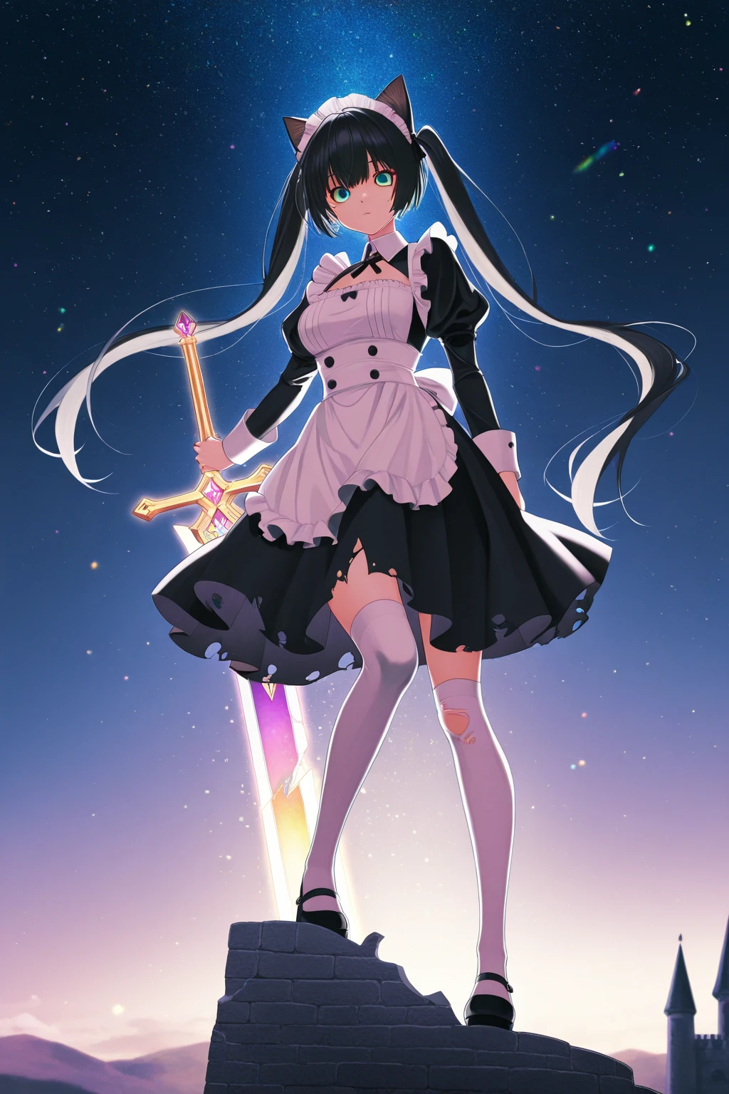 Ultra high quality, ultra high anatomy, 4K, masterpiece, cute, glamor, a short girl is standing with hand on her hip, black hair, long hair, straight hair, symmetrical bangs, pink eyes, smirk, medium breasts, wide hips, medium thighs, white long dress, white elbow gloves, black open-toe heels
