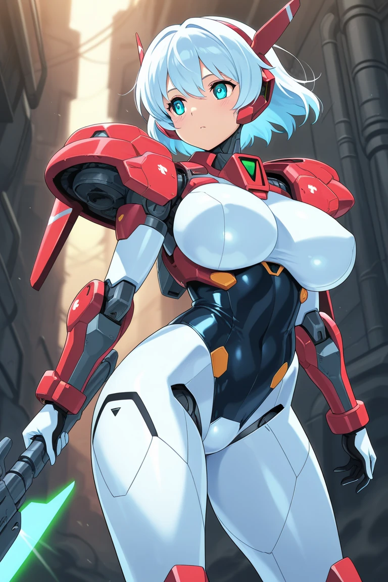 (one anime girl, glasses, white short hair, huge breasts, white futuristic suit, watching on viewer, in a dynamic pose), ((white background)),(((in full growth,full body)))