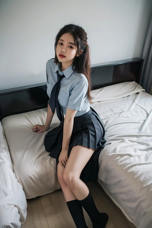 absurdres, RAW photo, extremely delicate and beautiful, masterpiece, Best Quality, ultra high resolution, 32k, hyperrealistic, ultra-detailed, perfect anatomy, super Detailed skin, perfect figure, in her 20s, very Slim body, narrow waist, very small head, very small face, delicate facial features, tearful mole, earring, (very huge round breasts:1.1), (3 girl:1.4), (school uniform:1.3), (full body:1.3),