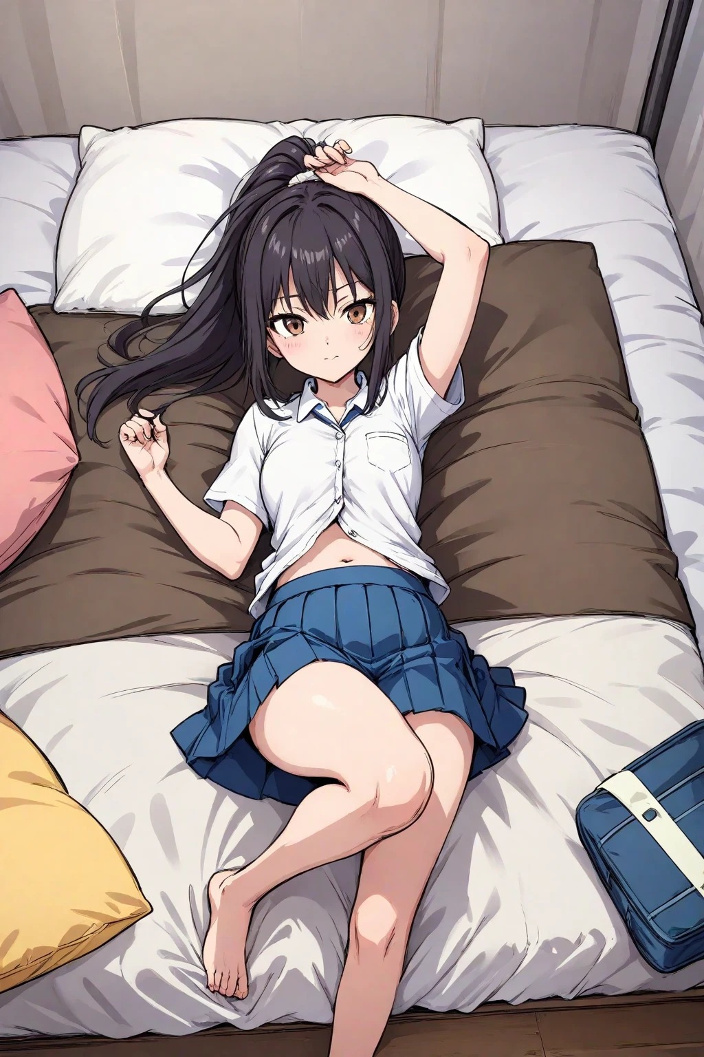 "(A true masterpiece with the best quality). In this NSFW image, a schoolgirl with a flat chest and small tits is lying down adorned in a uniform, looking both shy yet eager to show off. Her cleavage and panties are teasingly visible through her translucent outfit."